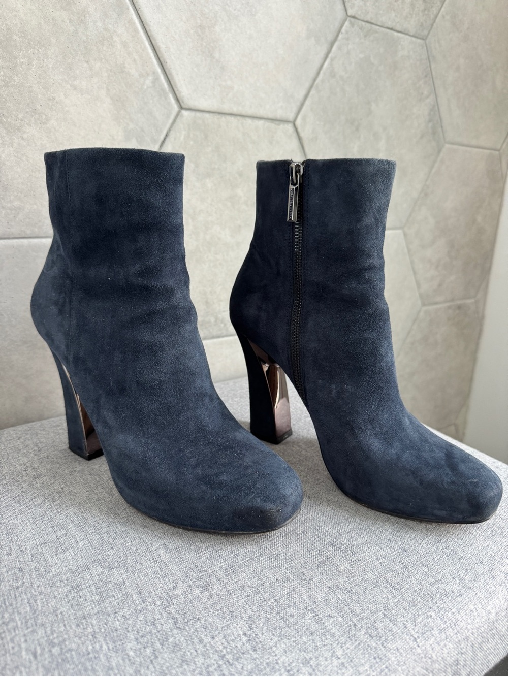Karl Lagerfeld Navy Suede Block Heel Ankle Boots